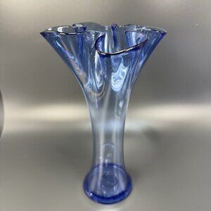 Vintage 1980a Art Glass Vase Ruffled Top Glass Vase Vessel Ruffled Top Blue VTG